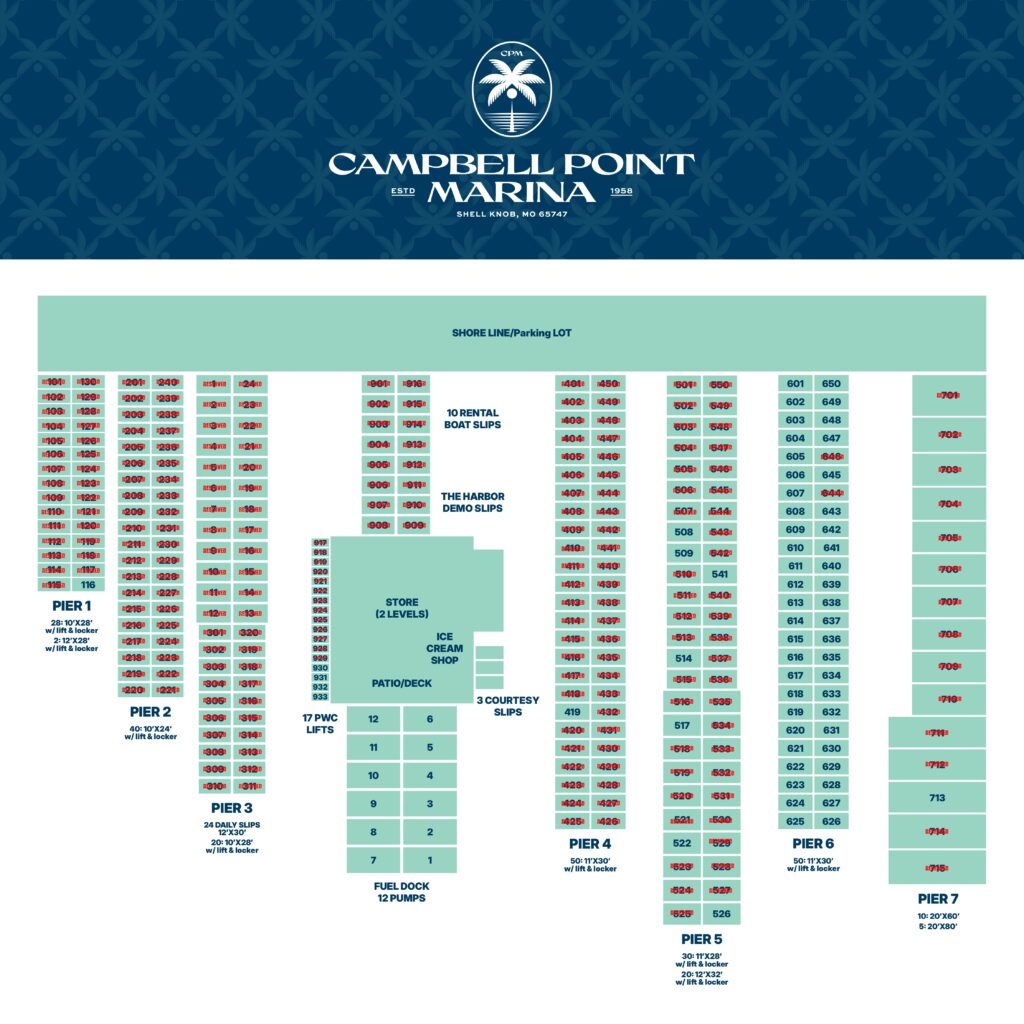 Marina dock map labeled Campbell Point Marina, showing numbered boat slips, pier numbers, shore amenities, parking lot, and fuel dock. Layout highlights specific piers, rental slips, stores, and courtesy slips.