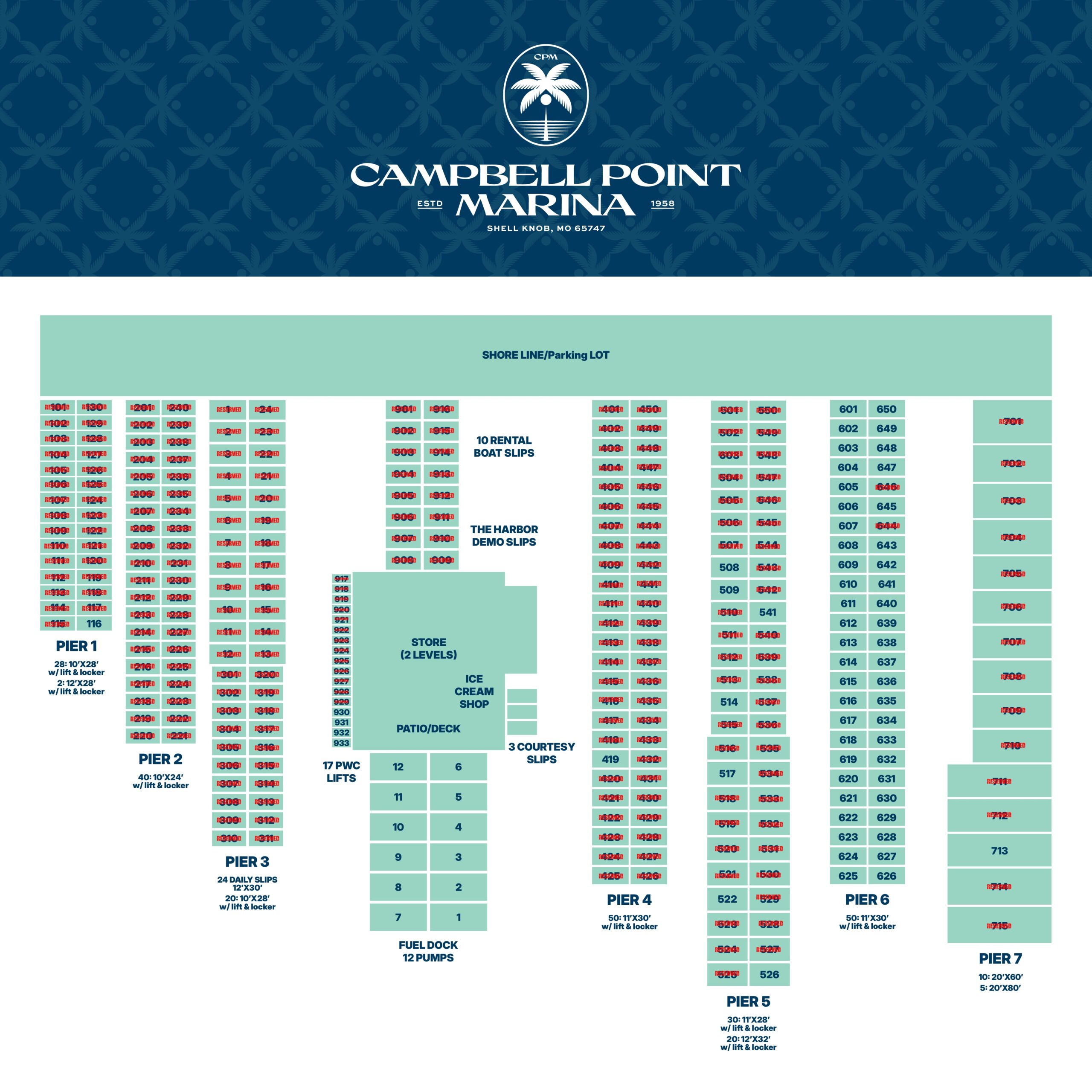Marina dock map labeled Campbell Point Marina, showing numbered boat slips, pier numbers, shore amenities, parking lot, and fuel dock. Layout highlights specific piers, rental slips, stores, and courtesy slips.
