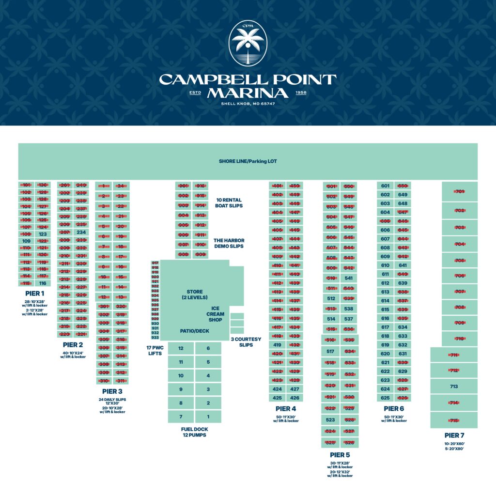 Marina map showing Campbell Point Marinas boat slip layout, labeled piers, numbered slips, parking areas, and amenities including a store, fuel dock, gas shop, and water access points.