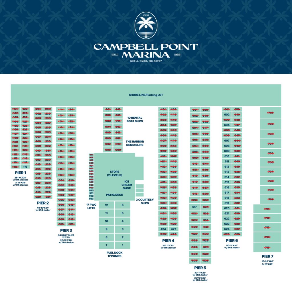 Campbell Point Marina map showing labeled docks, slips, store, patio deck, fuel dock, parking lot, and restrooms. Marina is organized by piers and slip numbers for boat placement.