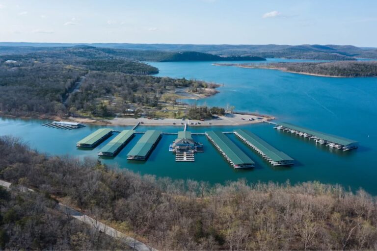 Aerial view of Campbell Point Marina docks on Table Rock Lake